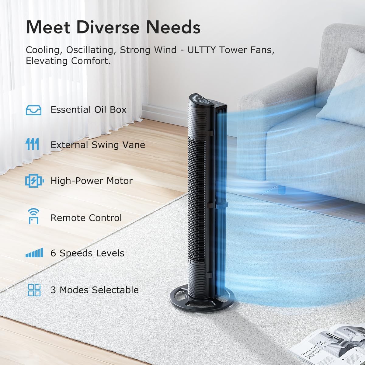 U ULTTY Tower Fan for Bedroom, 30ft/s Velocity Quiet Floor Fan, 60° Oscillating Fans for Indoors with 6 Speeds, 4 Modes, 15H Timer, Standing Fans, 40 inch Bladeless Fan for Home, Living Room, Black
