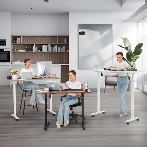 farexon Electric Standing Desk 55 x 24In with Charging Station, Stand up Desk with Oversized Mouse Pad, 2 USB Ports & 3 Power Outlets, 4 Caster, 4 Preset Heights Easy to Set（Brown）