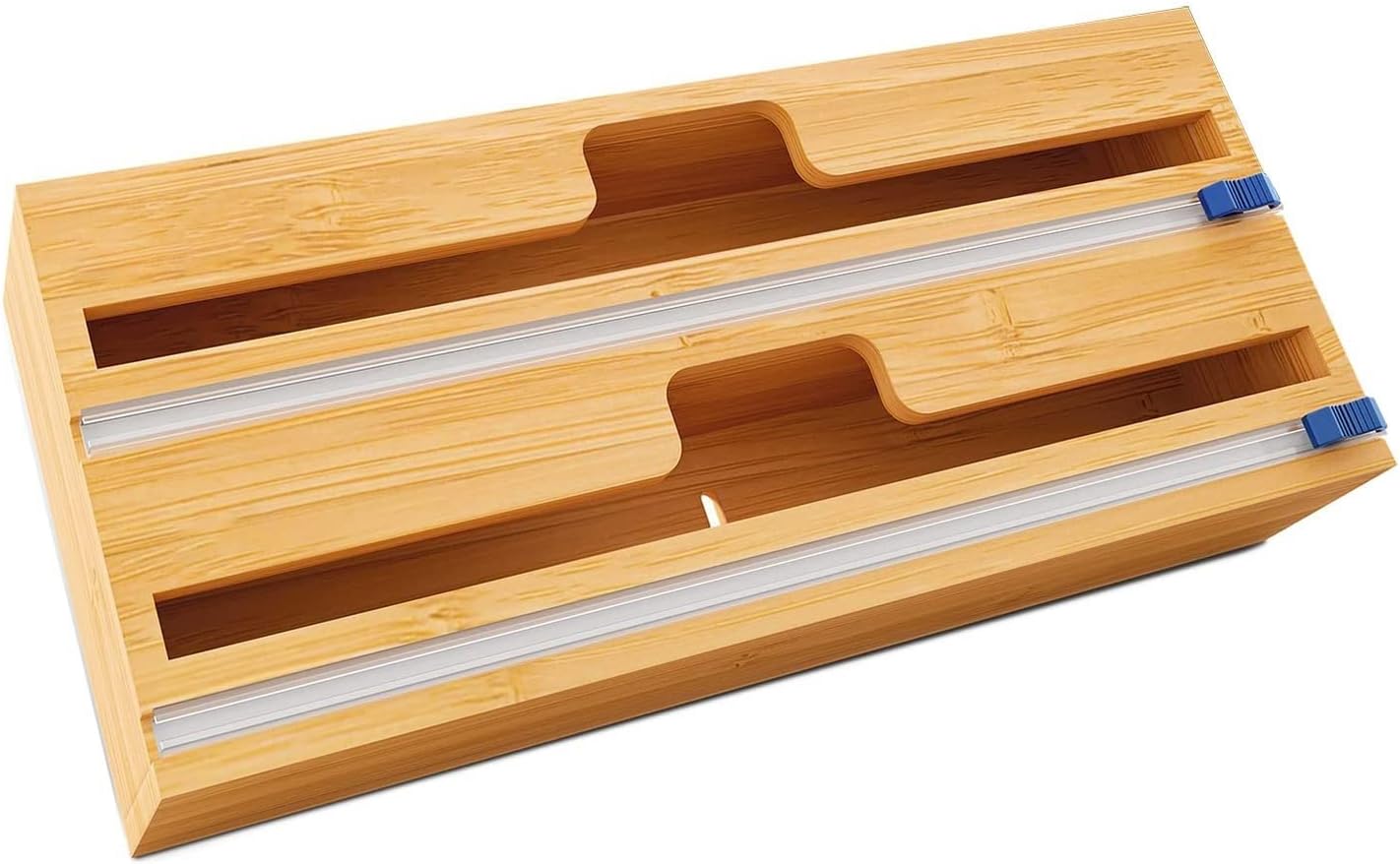 Bamboo Wood Wrap Dispenser with Slide Cutter 2 Slots Cling Cutter Aluminum Foil Organizer Dispenser for Kitchen Drawer, Wall Mount Holder Pack of 2