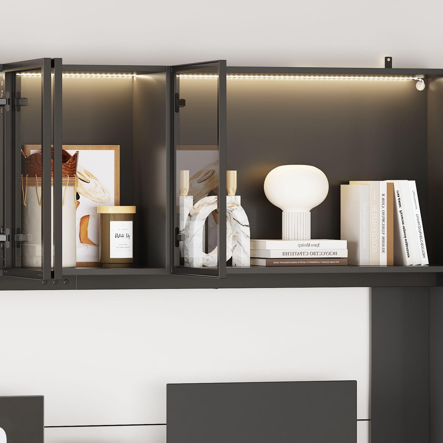 MOUMON Large Office Desk Executive Desk with Glass Doors & Lights, 2-Person Office Desk with 4 Drawers, 78.3 inch Desktop, Double Desk for Home Office Black (78.7”W x 23.6“D x 78.3”H)