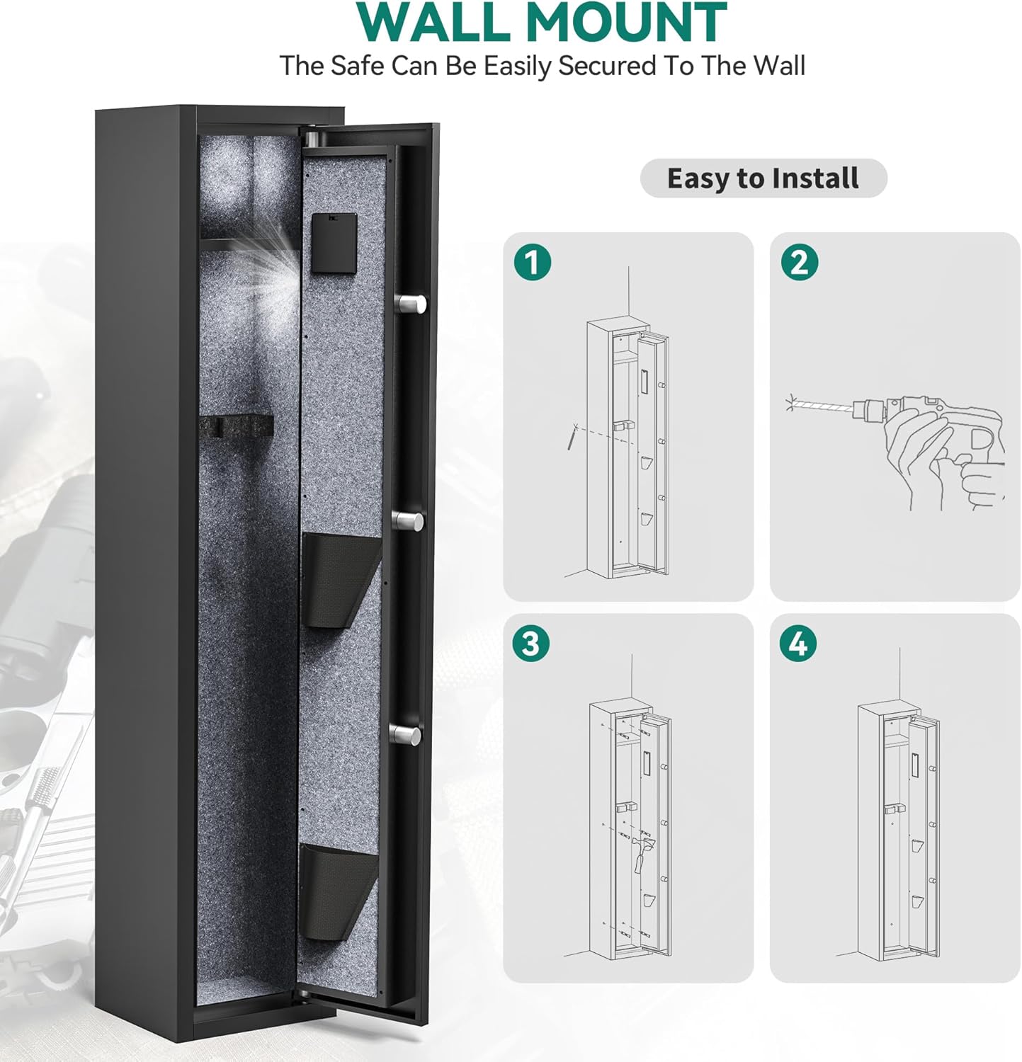 YITAHOME 3-5 Rifle Gun Safe, Quick Access Gun Cabinets with Digital Keypad and Fireproof Bag, Password Lock Gun Safes for Home Rifles and Pistols, Rifle Safe with Pockets and Removable Shelf
