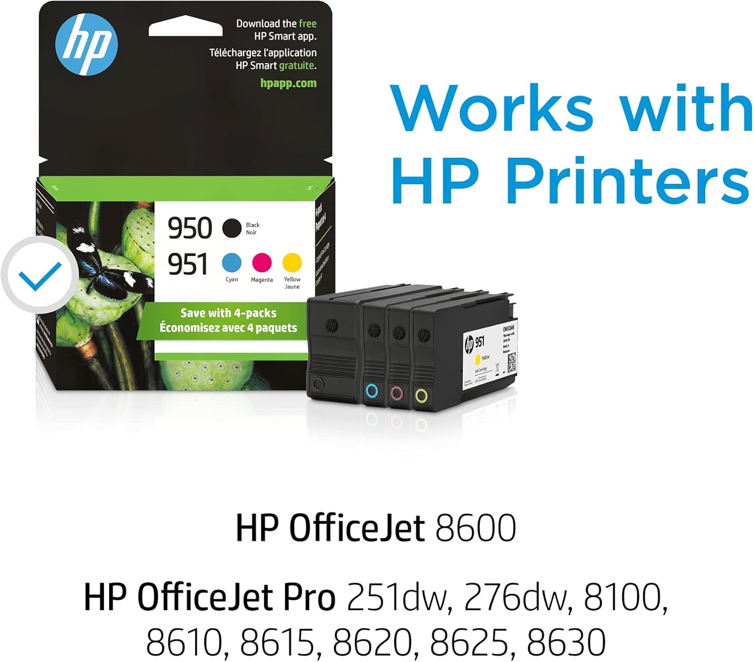 Original HP 950 Black/951 Cyan, Magenta, Yellow Ink Cartridges (4-pack) | Works with HP OfficeJet 8600, OfficeJet Pro 251dw, 276dw, 8100, 8610, 8620, 8630 Series | Eligible for Instant Ink | X4E06AN