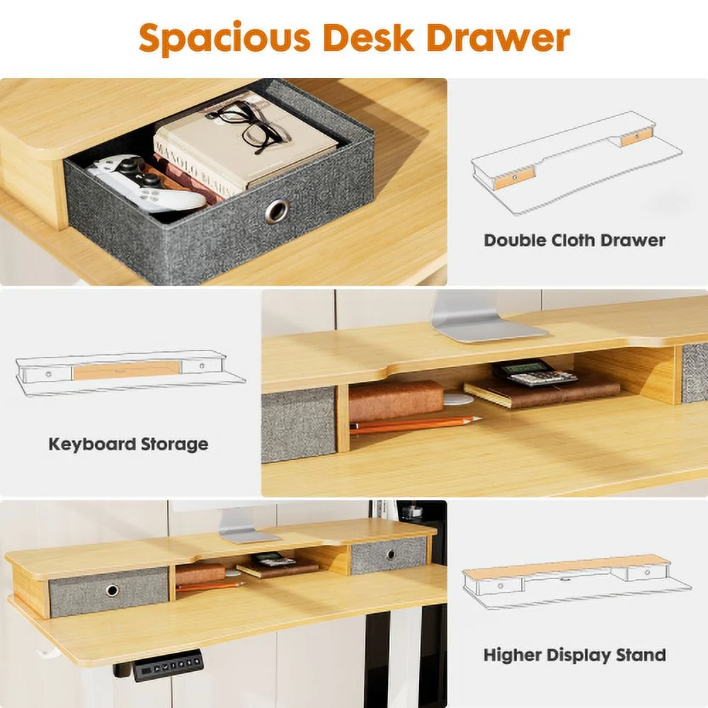 Home Office Height Adjustable Electric Standing Desk with Storage Shelf Double Drawer