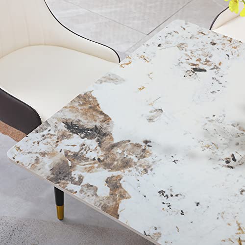 Sintered Stone Dining Table for 6-8, Modern Rectangular Kitchen Table with Z-Shaped Gold Stainless Steel Base, Luxury Pandora Brown+White Dining Room Table Noble Hotel Dining Table