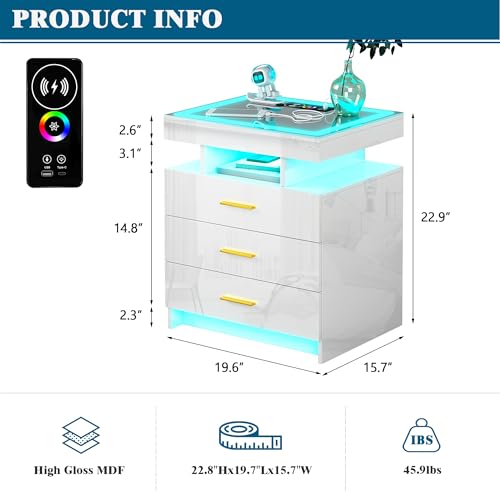HNEBC LED Nightstand with Wireless Charging Station, Night Stand with 3 Drawers for Bedroom Furniture,End Side Table has Dancing Lights, 20 Color Dimmable Auto Sensor Modern Bedside Table Black