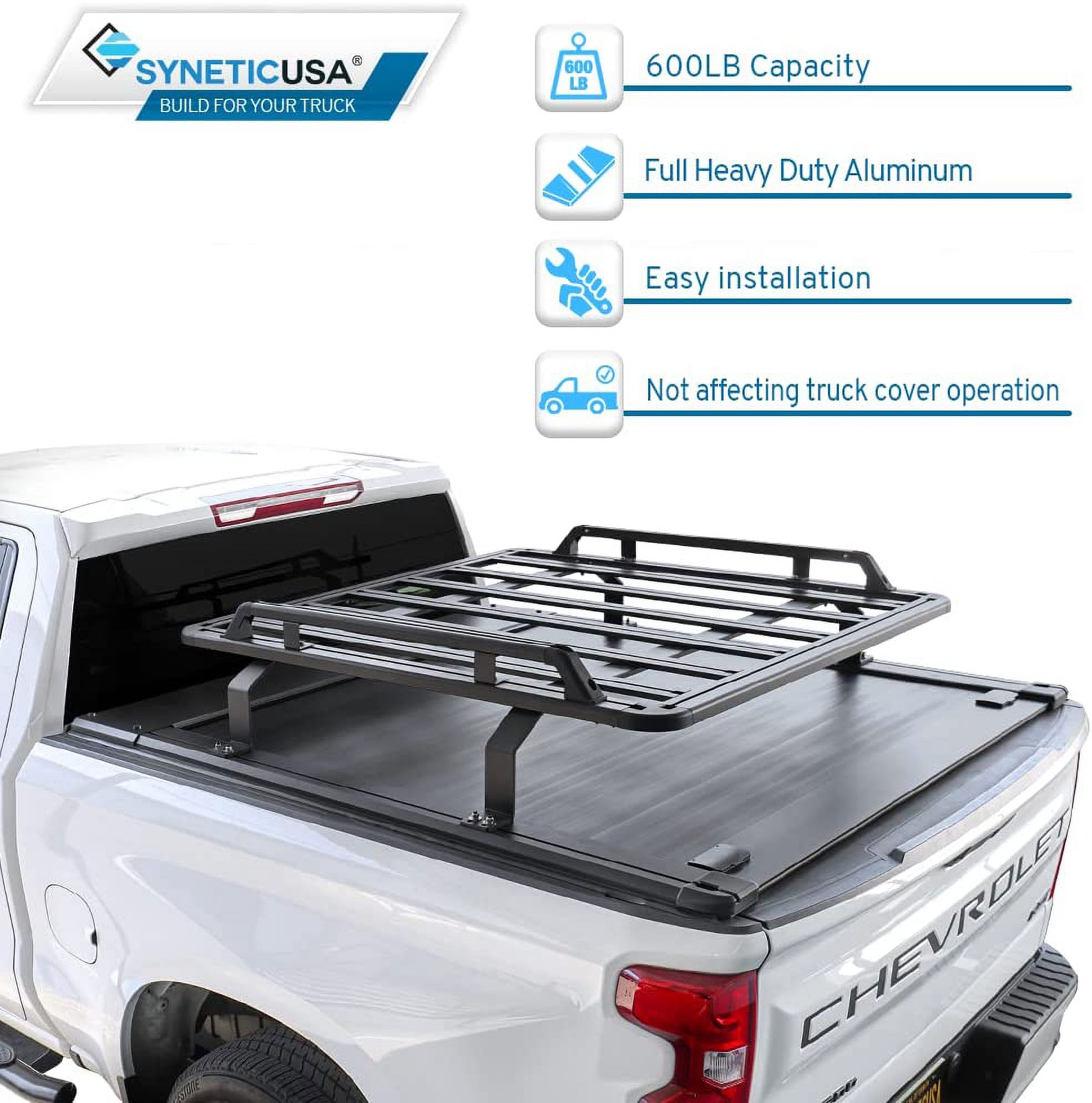 Syneticusa Retractable Hard Tonneau Cover Fits 2014-2022 Chevy Silverado/GMC Sierra 1500 5'8" (69.9”) Bed with Rack Kit Aluminum Matte Black Low Profile Waterproof Off Road