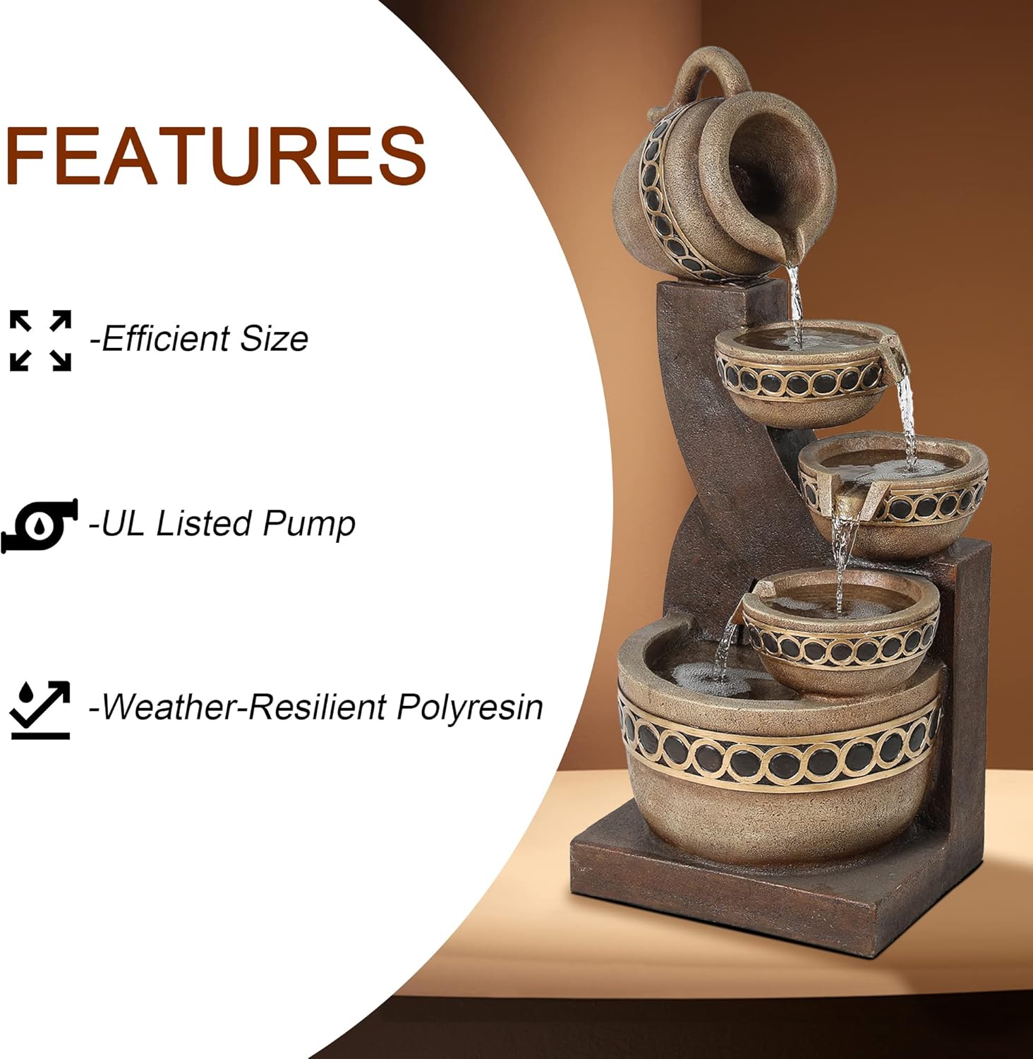 LuxenHome Outdoor Water Fountain, 5 Tiered Polyresin Cascading Pitchers Outdoor Fountains and Waterfalls, Water Fountain Decor for Patio, Yard, and Garden, Water Feature Waterfall Fountains Outdoor