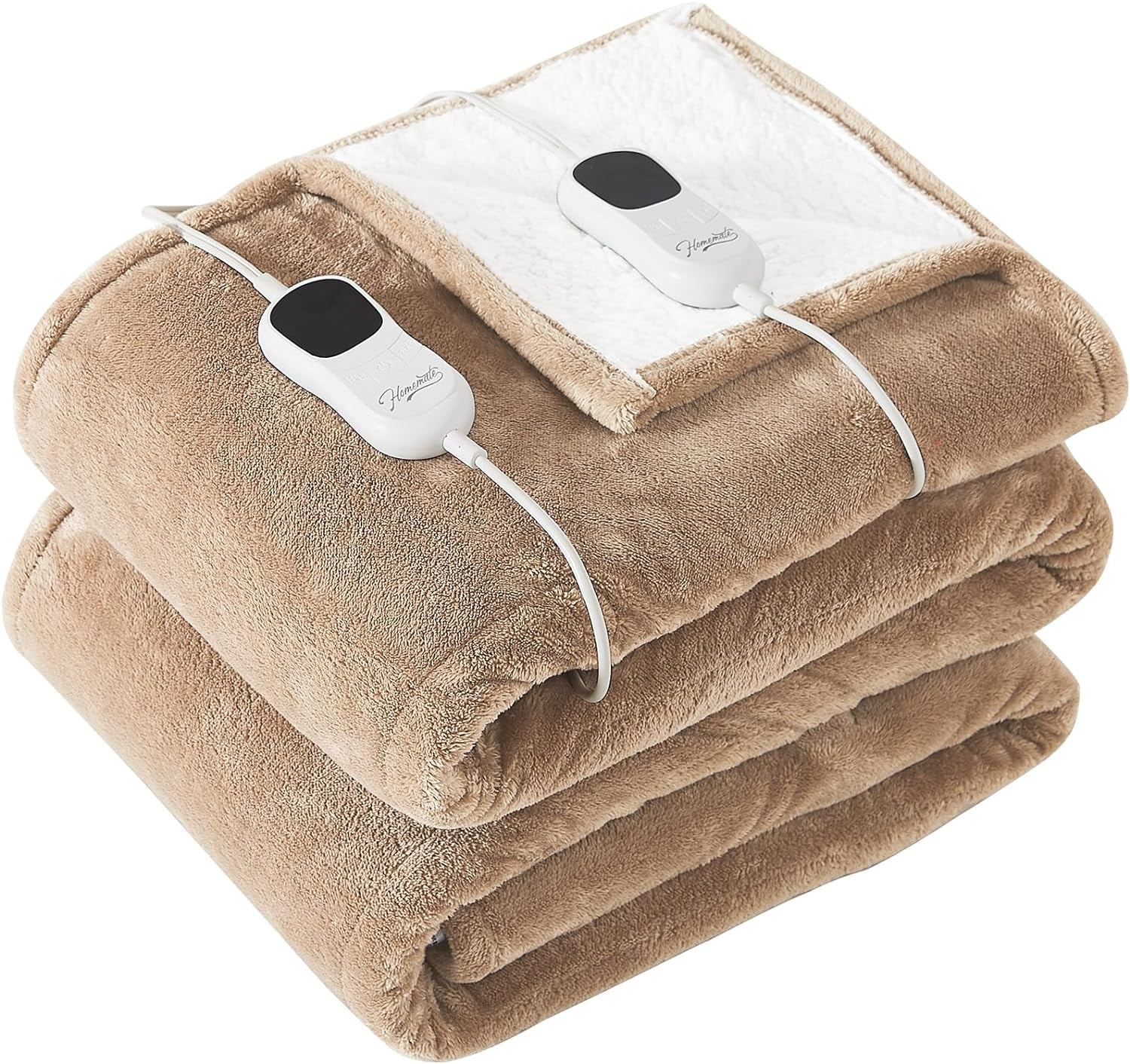 Homemate Electric Heated Blanket King Size , 100"x90" Heating Bed Blankets with 10 Heating Levels 8 Hours Auto Off Fast Heating Over-Heated Protection Ultra Soft Warm Flannel ETL Certified, Beige