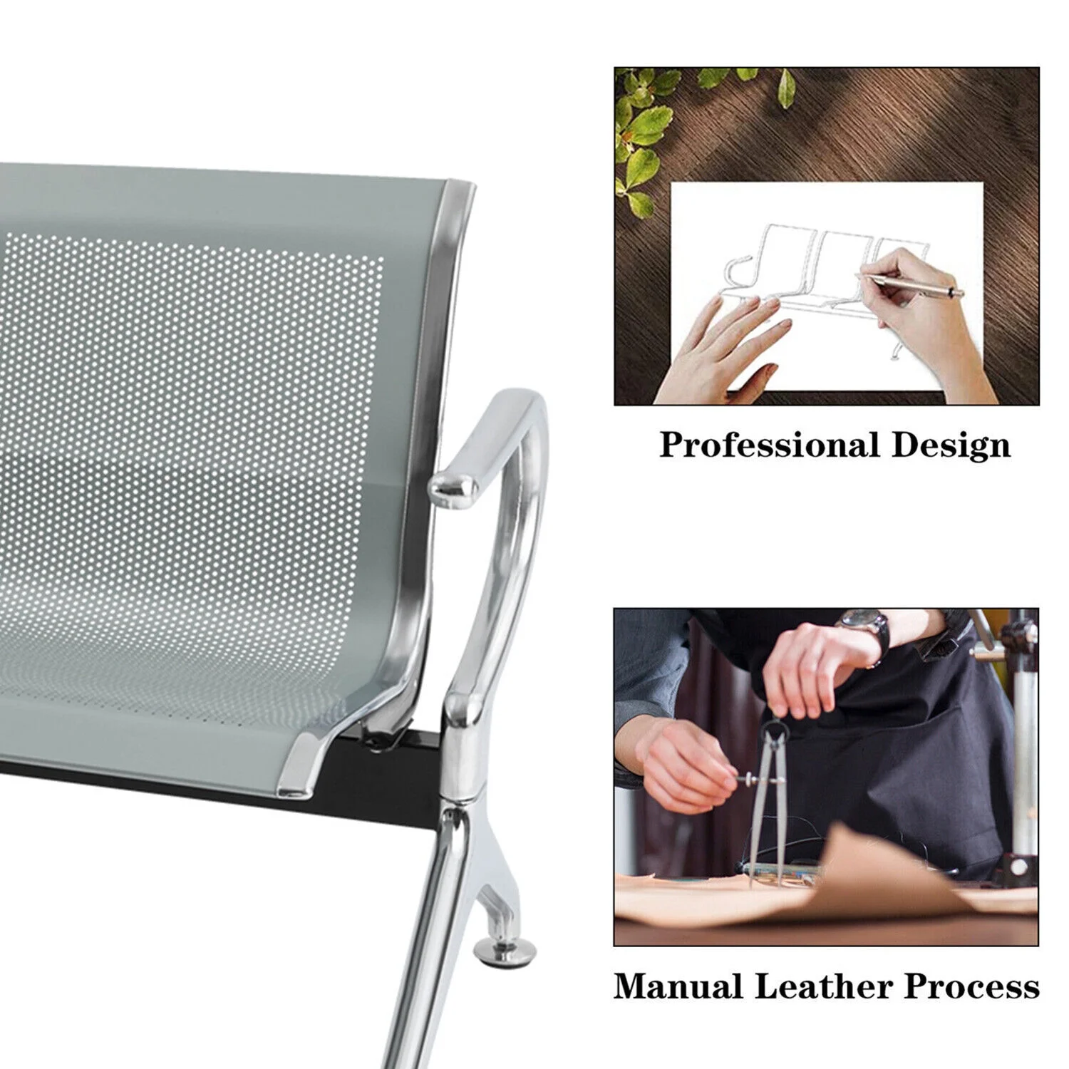 Miumaeov Office Reception Chair 3-Seat Guest Reception Chairs Waiting Room Chairs Steel Reception Bench with Arms for Airports Hospitals Barber Stores Silver
