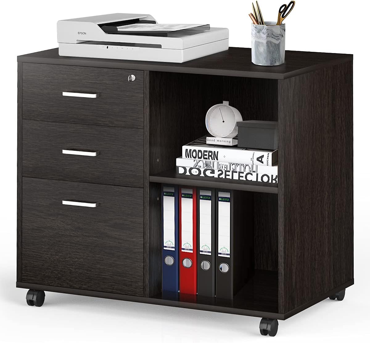 VANSPACE 3 Drawer Wood File Cabinet with Lock, Mobile Lateral Filing Cabinet, Printer Stand with Adjustable Open Storage Shelves for Home Office, Black Walnut