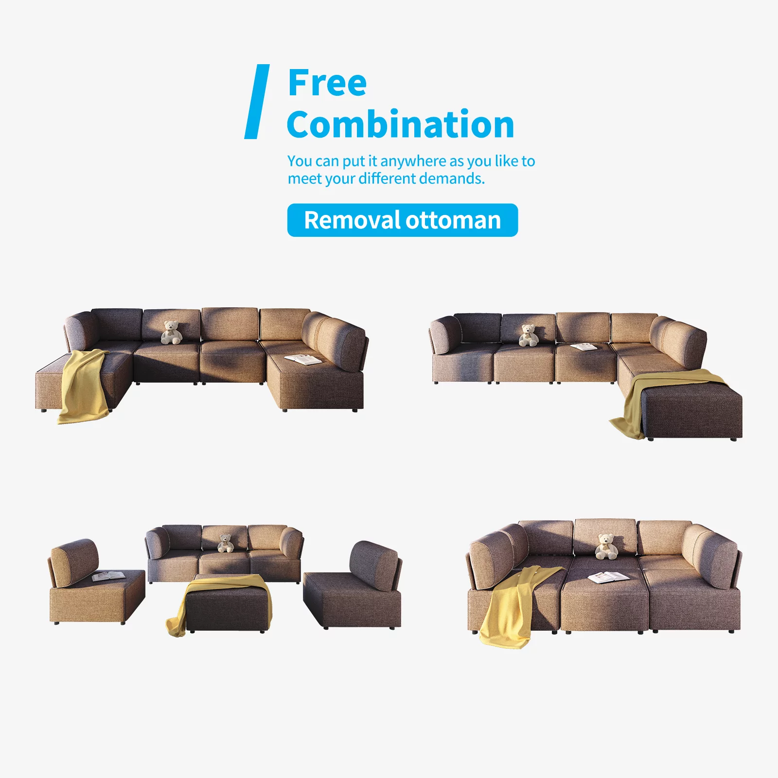 BALUS 120"W Sectional Sofa, Soft Cozy Lounge, Convertible Modular Long Couches, Free Combination U/L Shape, Linen Fabric, Real Wood Frame and Foam Seaters, Pets Friendly, for Apartment, 6PCS Brown