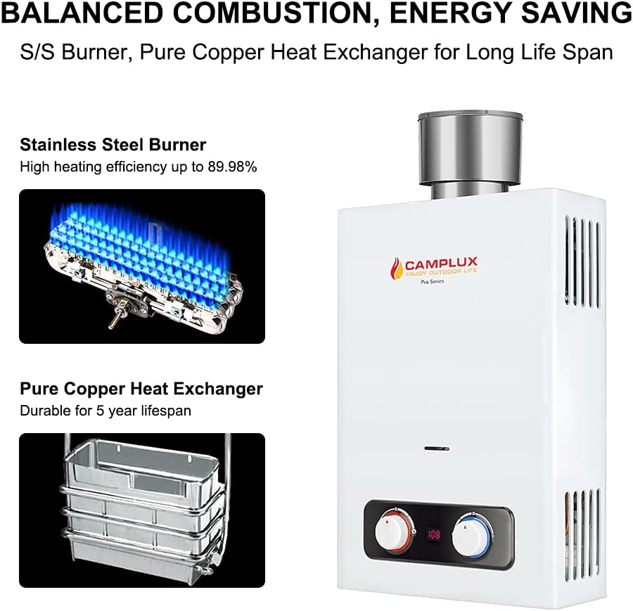 Portable Tankless Water Heater, Camplux 1.58 GPM Outdoor Propane Hot Water Heater with S/S Rain Cap