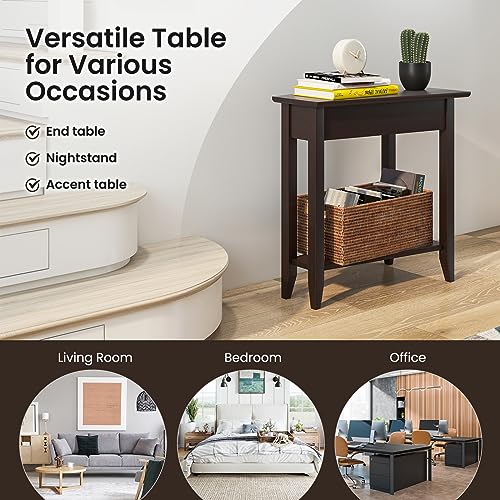 GOFLAME 2-Tier Wedge End Table Set of 2, Narrow Triangle Side Table with Storage Shelf, Solid Wood Legs, Nightstand, Recliner Wedge Table for Living Room, Bedroom, Small Space, White