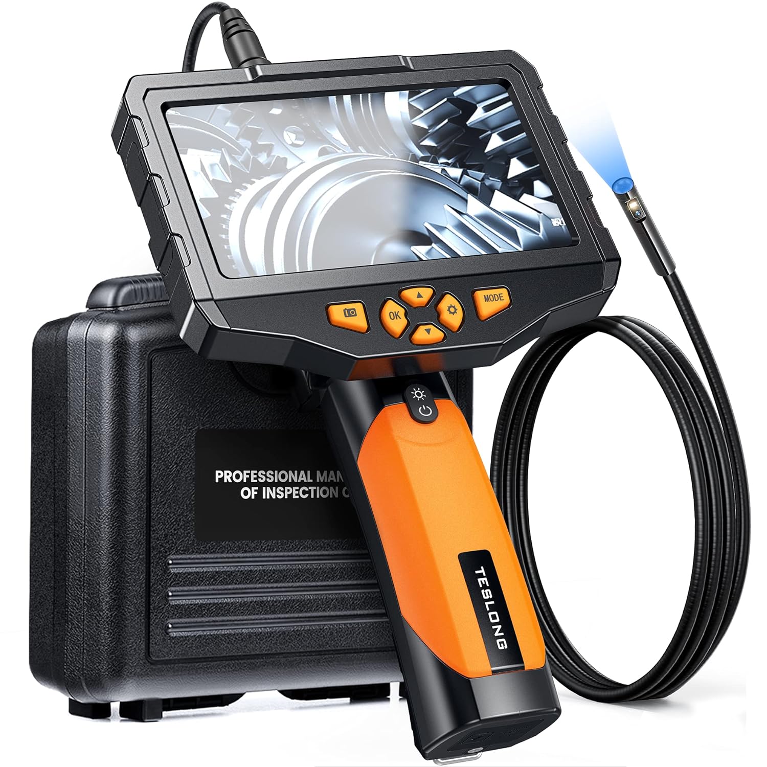 Teslong Dual Lens Inspection Camera with Light, Digital Industrial Borescope, Video Endoscope, Scope Camera, 5 IPS Screen, 16.4ft Flexible Probe, 1080p, Tool for Home, Pipe, Automotive (Waterproof)