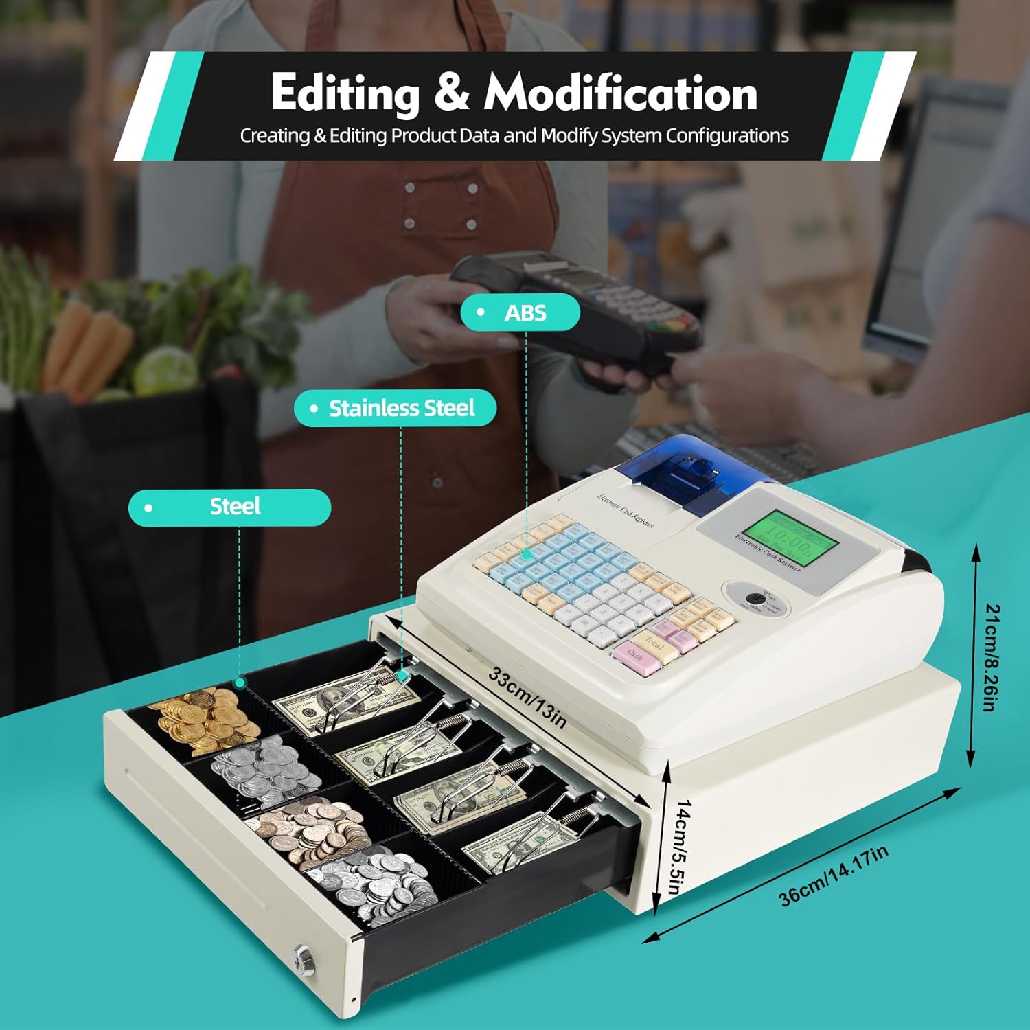 Cash Register, Small Business Electronic Cash Register 48 Keyboards Multifunctional Cash Register with Quick Load Thermal Printer, Cash Management System with Cash and Coin Drawer