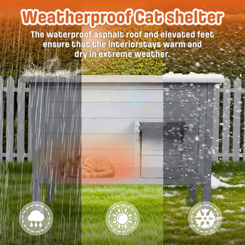 BRIOPAWS Outdoor-Cat-House-Insulated | Feral-Cat-Shelter for Winter | Weatherproof | Large Wooden Pet House for Multiple Cats | Foldable Ladder | Acrylic Side Window | Grey