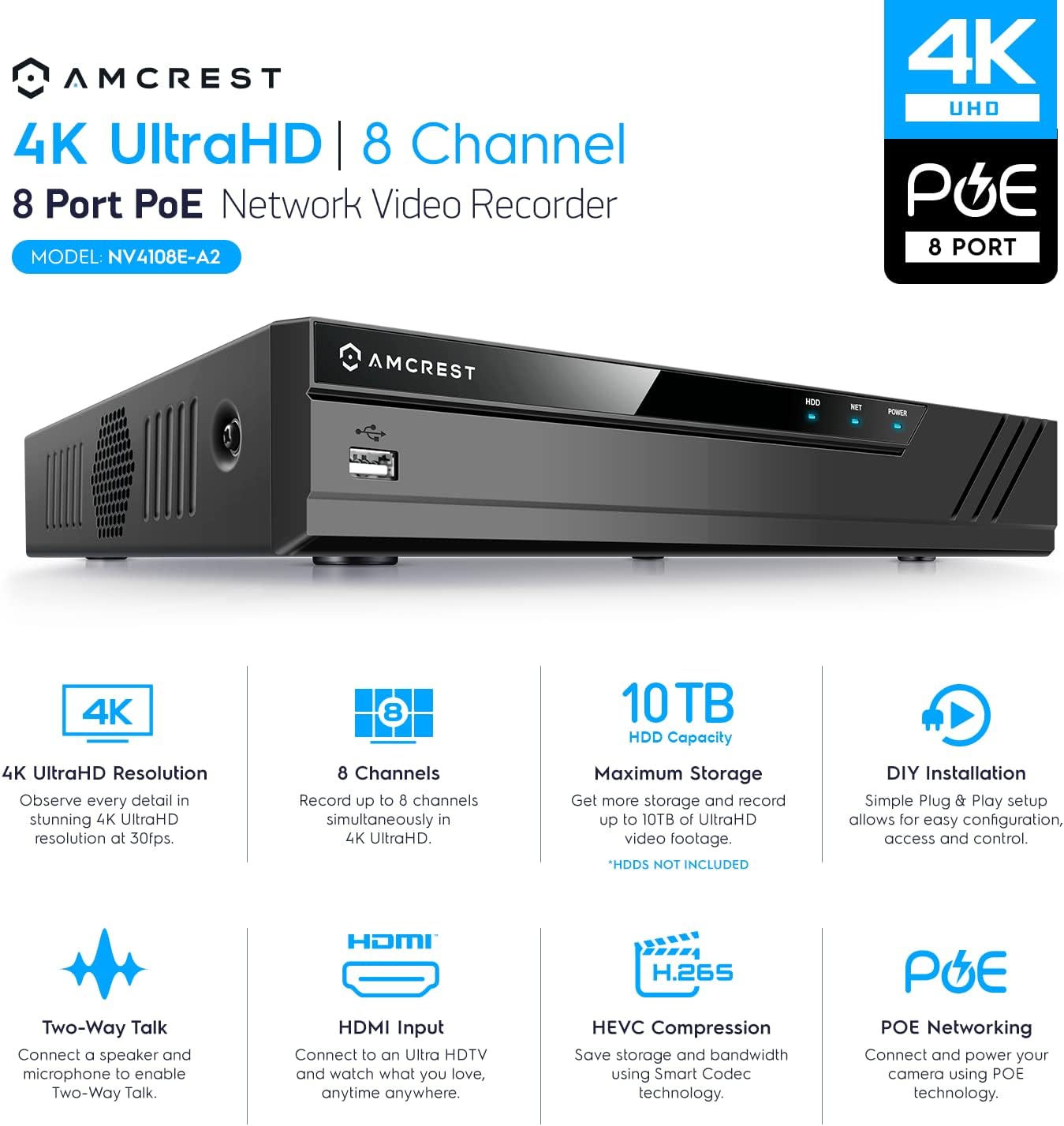 Amcrest NV4108E-A2 4K 8CH POE NVR (1080p/3MP/4MP/5MP/8MP) POE Network Video Recorder - Supports up to 8 x 8MP/4K IP Cameras, 8-Channel Power Over Ethernet Supports up to 10TB HDD (Not Included)