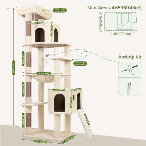 Globlazer Heavy Duty Cat Tree, 70 inch Sturdy Cat Tree for Indoor Cats Extra Large Cat Tower with Scratching Post, Hammock, Cat Condo for Adult Cats Kittens, F70 Pro, Light Grey