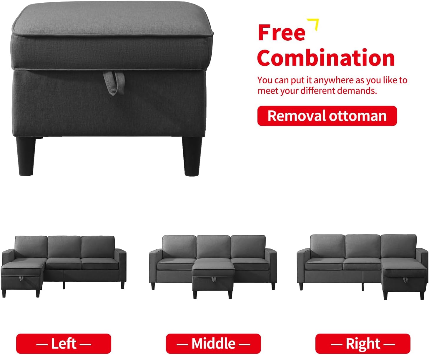 3 Piece Sofa Set Living Room Furniture Sets, Convertible Sectional Sofa Couch with Storage Ottoman, Modular Sectional Couch for Living Room,3-Seat Sofa +Ottoman+Loveseat+ Armchair (Dark Gray)