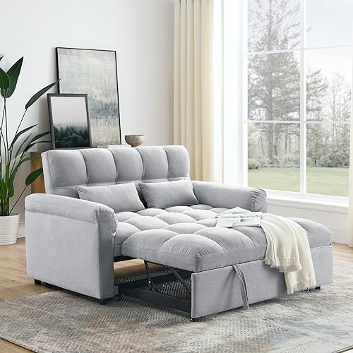 62 Inch Linen Futon Sofa Bed with Pull-out Bed, 3-in-1 Loveseat Sofa Couch with Adjustable Backrest and Lumbar Pillows, Convertible Sleeper Sofa Couch for Small Space Apartment Living Room, Grey