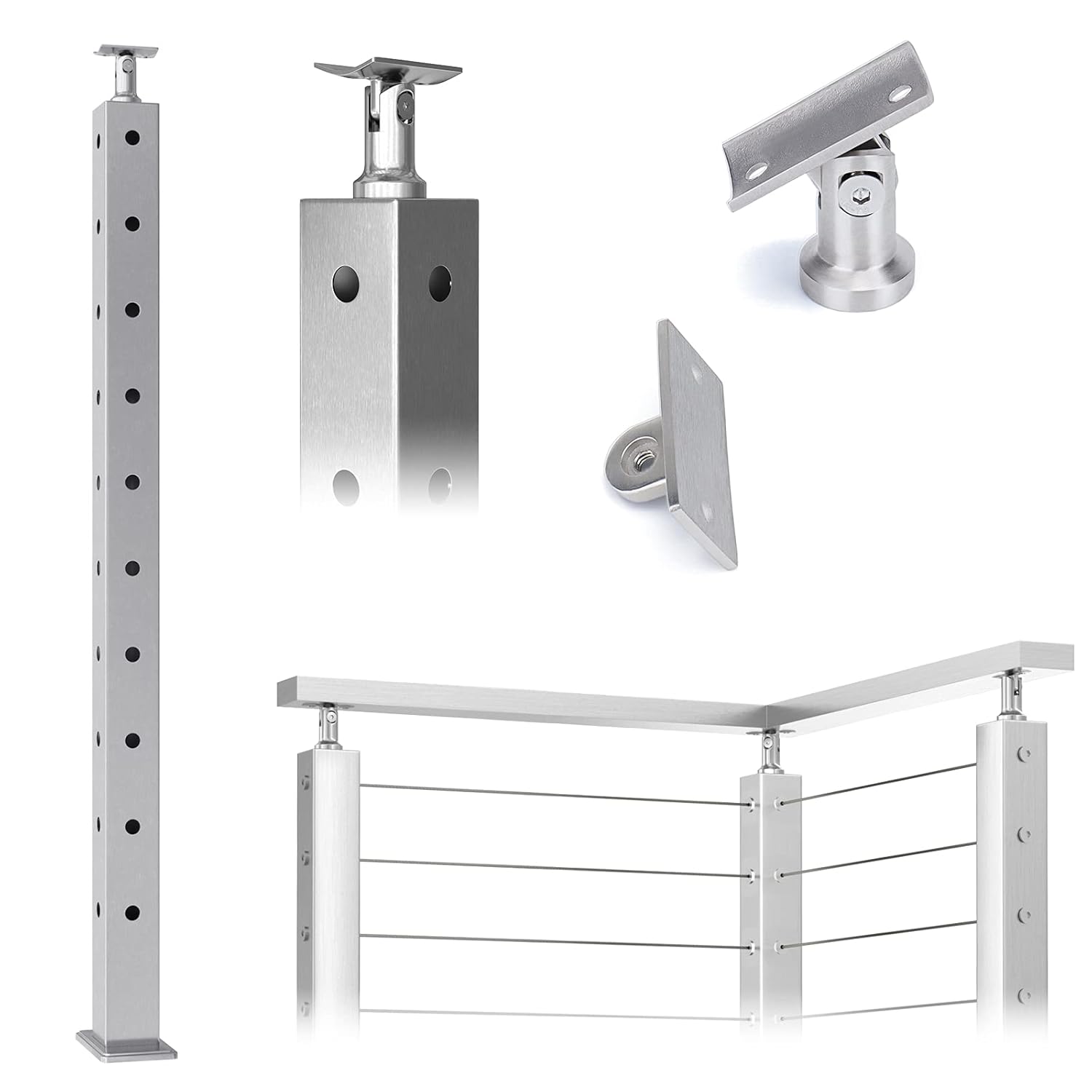 Muzata Cable Railing Post Square 36"x2"x2" Stainless Steel Brushed Finishing Pre-Drilled Post Surface Mount for Wood Concrete Level Deck Stair Balustrade fit Invisible kit PS01 LH4S, PT1 PT2 PT6