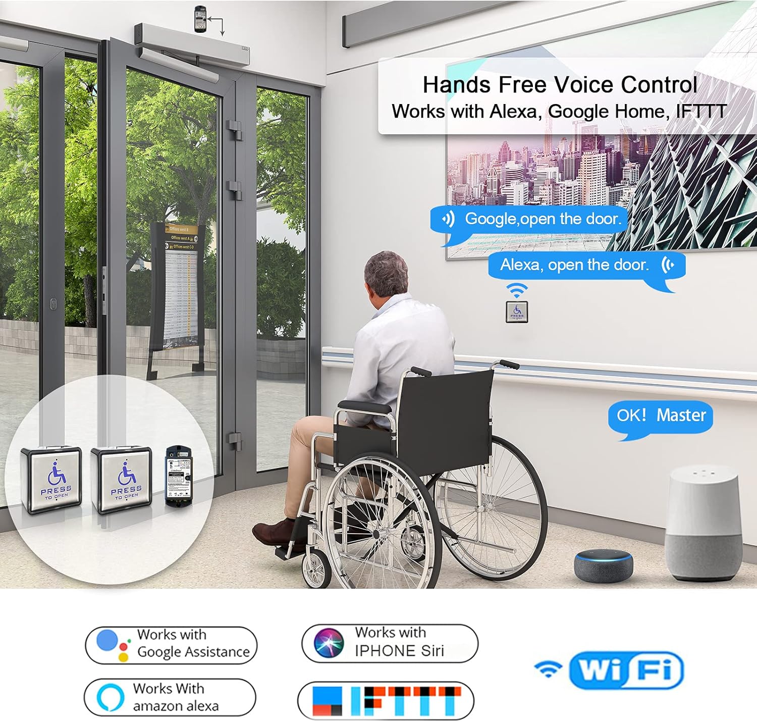 Handicap Door Opener for Disabled People, Low Energy ADA Swing Door Operator with Stainless Steel Handicap Push Buttons