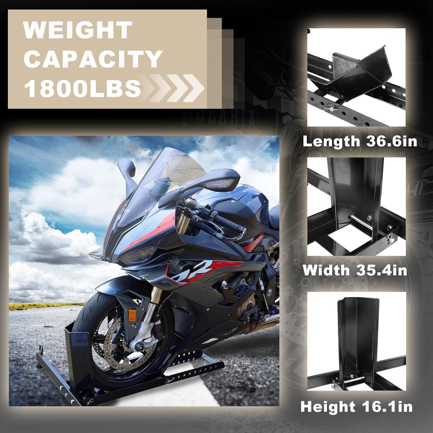 Torin ATRM05012B Motorcycle Trailer Wheel Chock: Adjustable Heavy-Duty Steel Motorcycle Stand Wheel Tire Chock for 16"-25" Off-Road and Standard Motorcycles, Upright 1800lbs Capacity