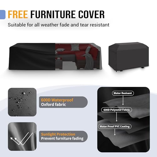 Outdoor Patio Furniture Set with 44" Fire Pit Table 8 Pieces Rattan Patio Sectional Sofa Conversation Set w/55000 BTU Propane Gas Fire Pit, Coffee Table, 2 Waterproof Covers, Grey