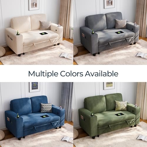 LINSY HOME Sectional Sleeper Sofa with Pull Out Couch Bed Convertible Plush Corduroy Cloud Couch with Storage Chaise & USB Charging, Comfy L Shaped Modular Couches for Living Room Apartment (Grey)