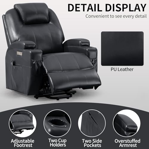 Power Lift Recliner Chair, PU Leather Recliner Massage Chair,Electric Power Recliner for Elderly with Heat,8 Vibrating nodes,3 Massage Modes,USB Type A Type C Ports, Cup Holders,Black