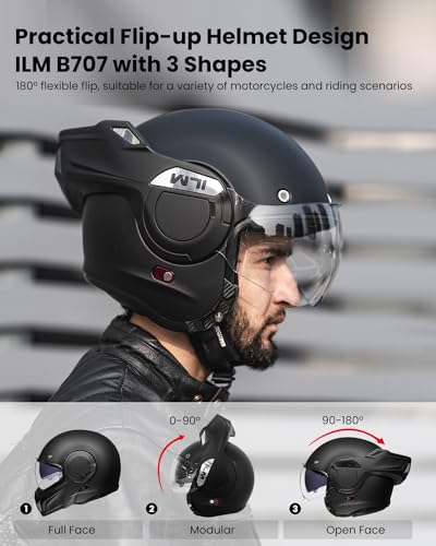 ILM Vintage Full Face Modular Motorcycle Helmet for Adults Men ATV UTV Snowmobile with 180° Reversible Chin Guard DOT Model-B707(Matte Black, L)