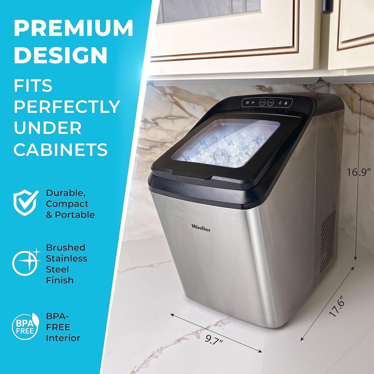 Mueller Countertop Nugget Ice Maker – Quiet, Heavy-Duty Ice Machine, 30 lbs Daily, 3 QT Tank, Compact & Portable, Includes Basket - Self-Cleaning Feature