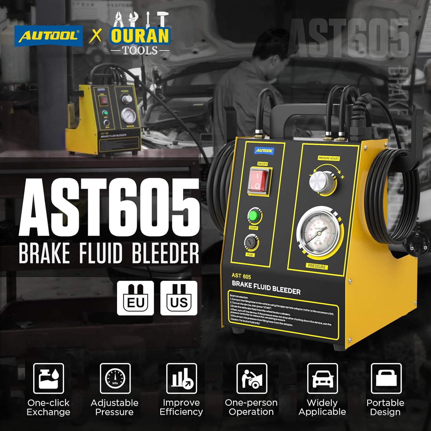 ourantools Automotive Brake-Fluid Bleeder Kit - 110V Electric Automatic Brake Oil Exchanger Tool with Adjustable Pressure (8.7~43.5psi) for All Vehicles