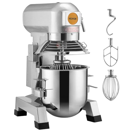 VEVOR Commercial Mixer, Commercial Food Mixer 10Qt Stainless Steel Bowl, 450W Commercial Stand Mixer with 3 Speeds Adjustable, Dough Hook Whisk Beater Included, Perfect for Bakery Pizzeria, Silver