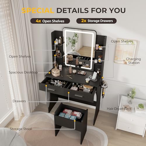Vanity Desk with LED Lighted Mirror, Makeup Vanity with 3 Adjustable Lights, 2 Large Drawers and 4 Open Shelves, White Vanity with Storage Stool for Bedroom