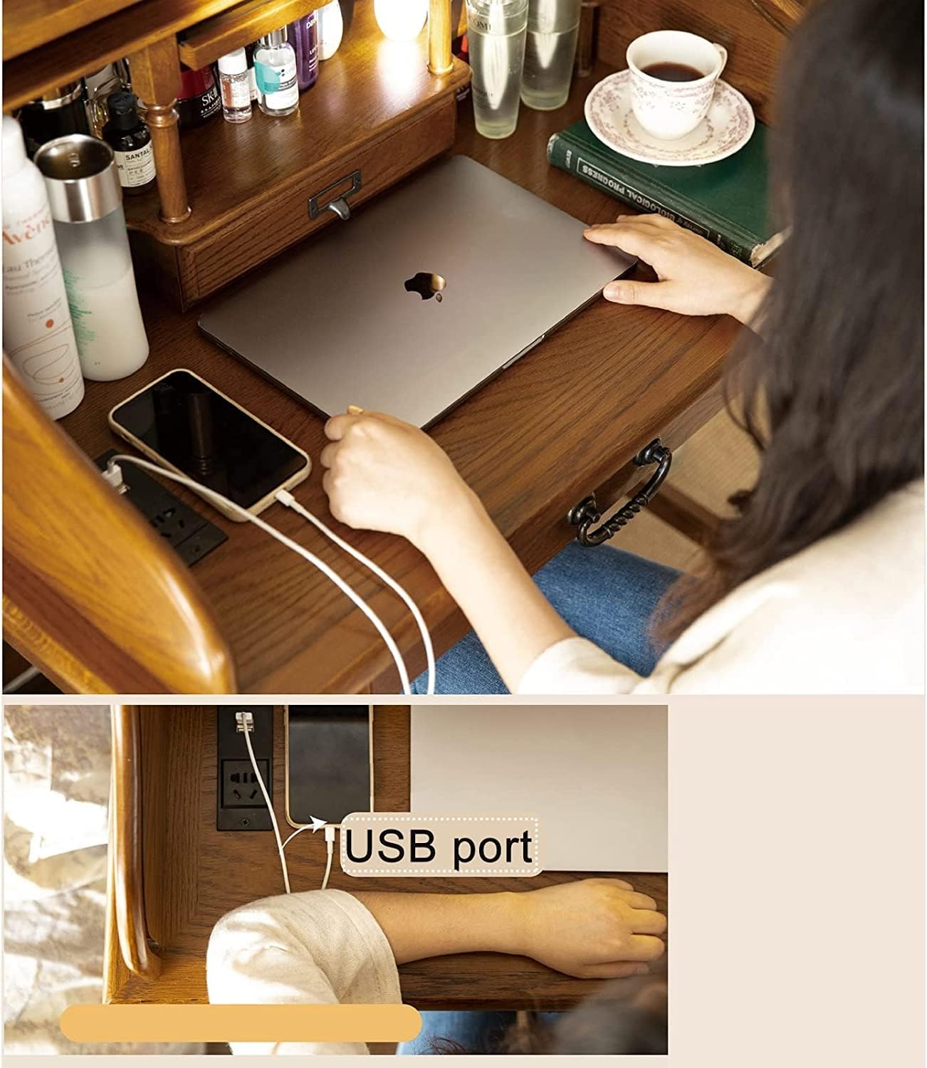 Vanity Table Oak Wood Vanity Desk, Dressing Table with Pull-Out Hidden Mirror, Safety Lock Design Makeup Vanity with Charging Port Makeup Table