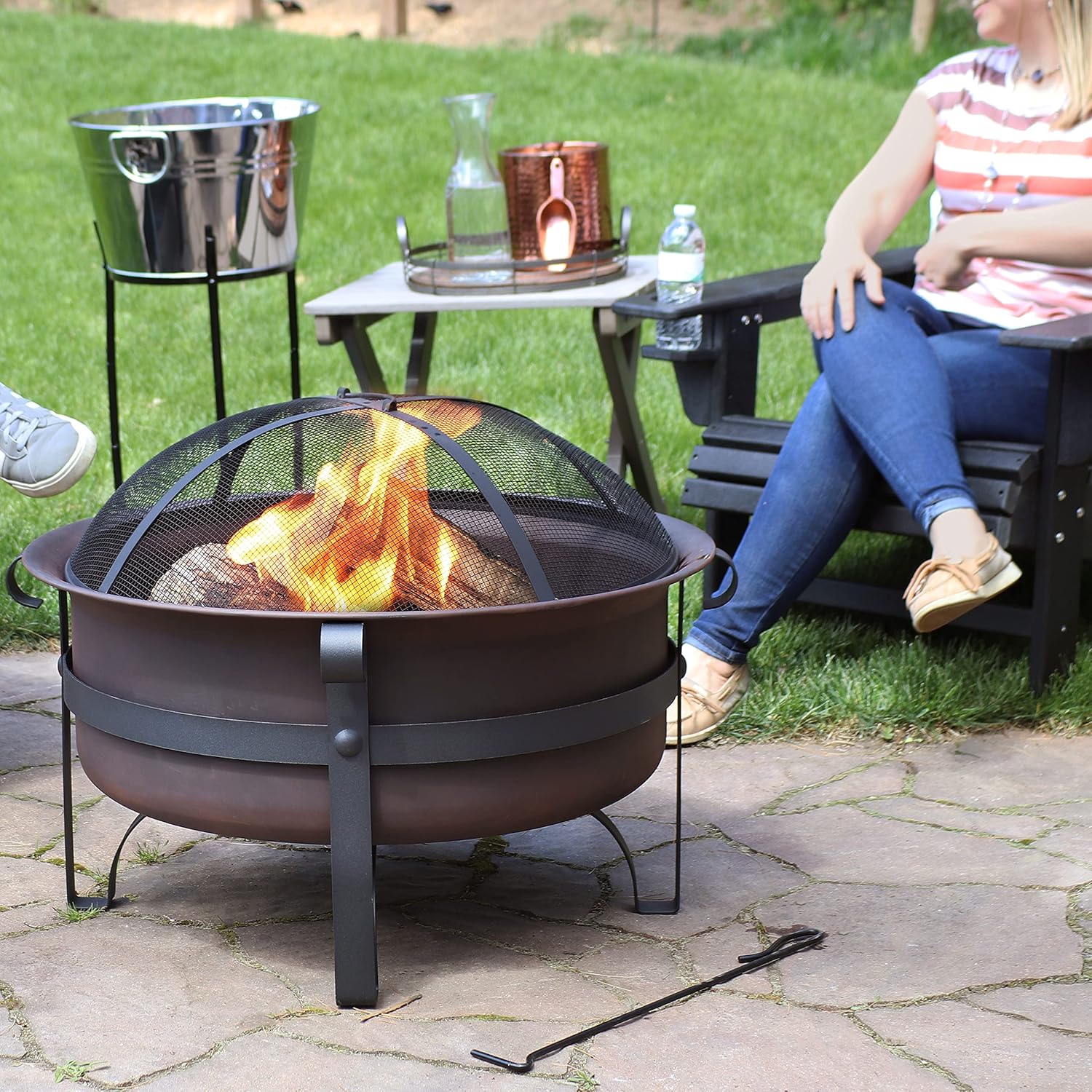 Sunnydaze Large Bronze Cauldron Outdoor Fire Pit Bowl - Round Wood Burning Patio Firebowl with Portable Poker and Spark Screen - 29 Inch