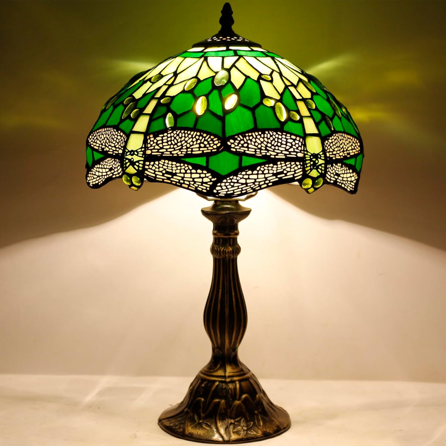 WERFACTORY Tiffany Lamp Green Stained Glass Bedside Table Lamp Dragonfly Style Desk Reading Light 12X12X18 Inches Decor Bedroom Living Room Home Office S459 Series