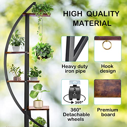 Seeutek 2 pcs 6 Tier Tall Metal Indoor Plant Stands with Hanging Loop,Half Moon Shaped Ladder Plant Shelf Holder,Multiple Plant Stand Flower Pot Rack for Home Decor Patio Lawn Garden