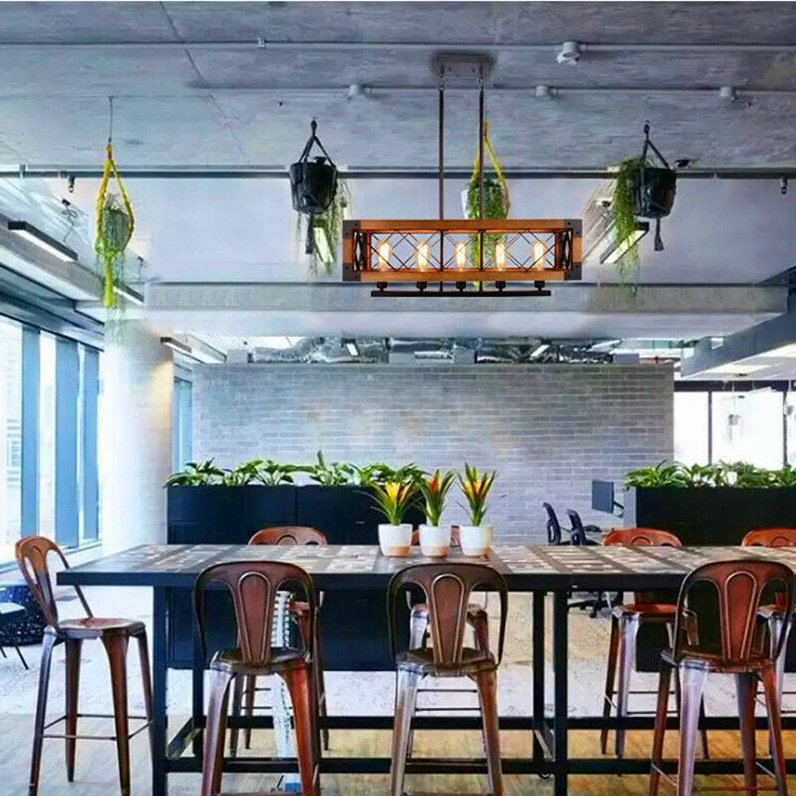 ZhdnBhnos 5-Lights Retro Farmhouse Chandelier Kitchen Island Pendant Light Fixture Wooden Rectangle Hanging Ceiling Lamp