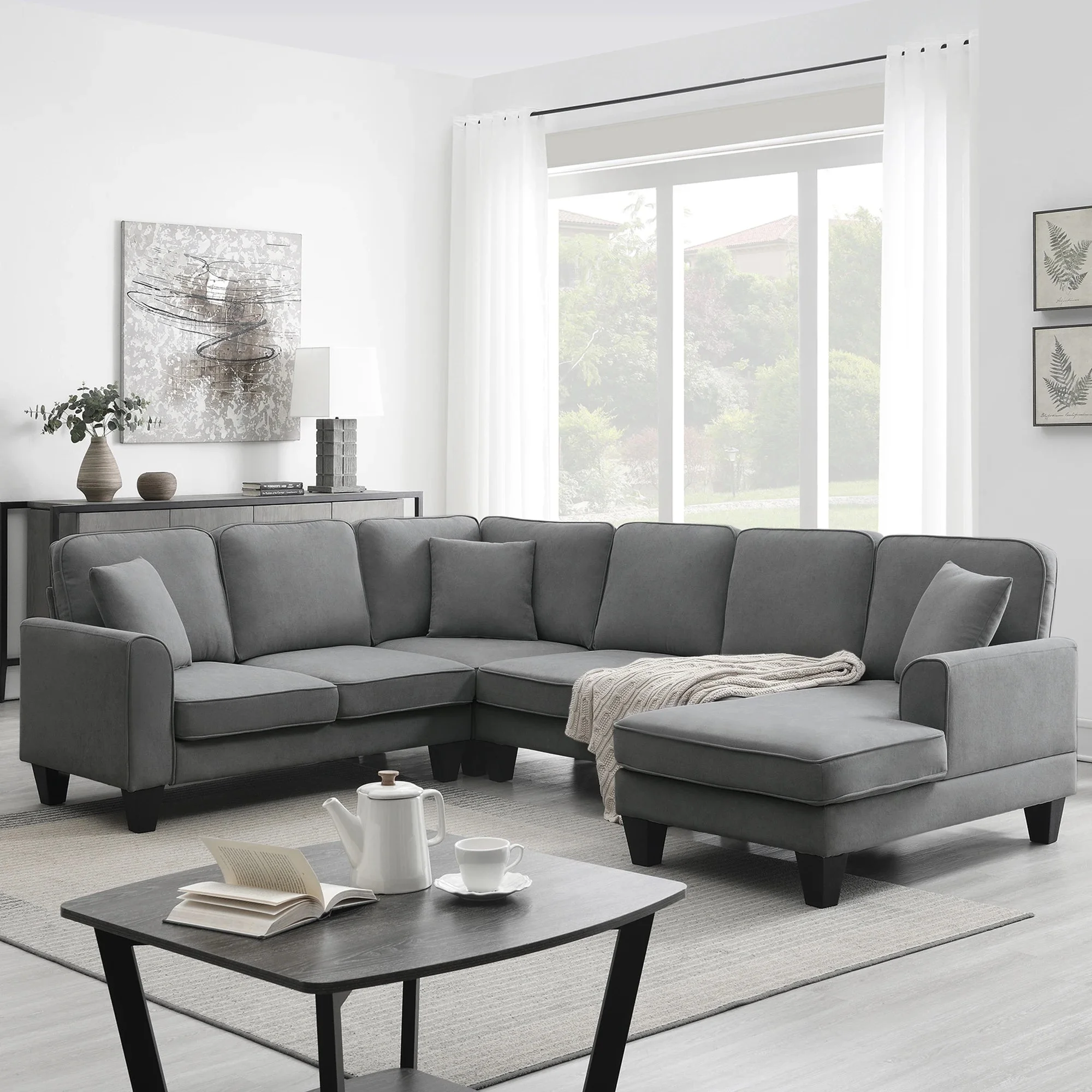 Modern U Shape Sectional Sofa, 7 Seat Fabric Sectional Sofa Set with 3 Pillows Included