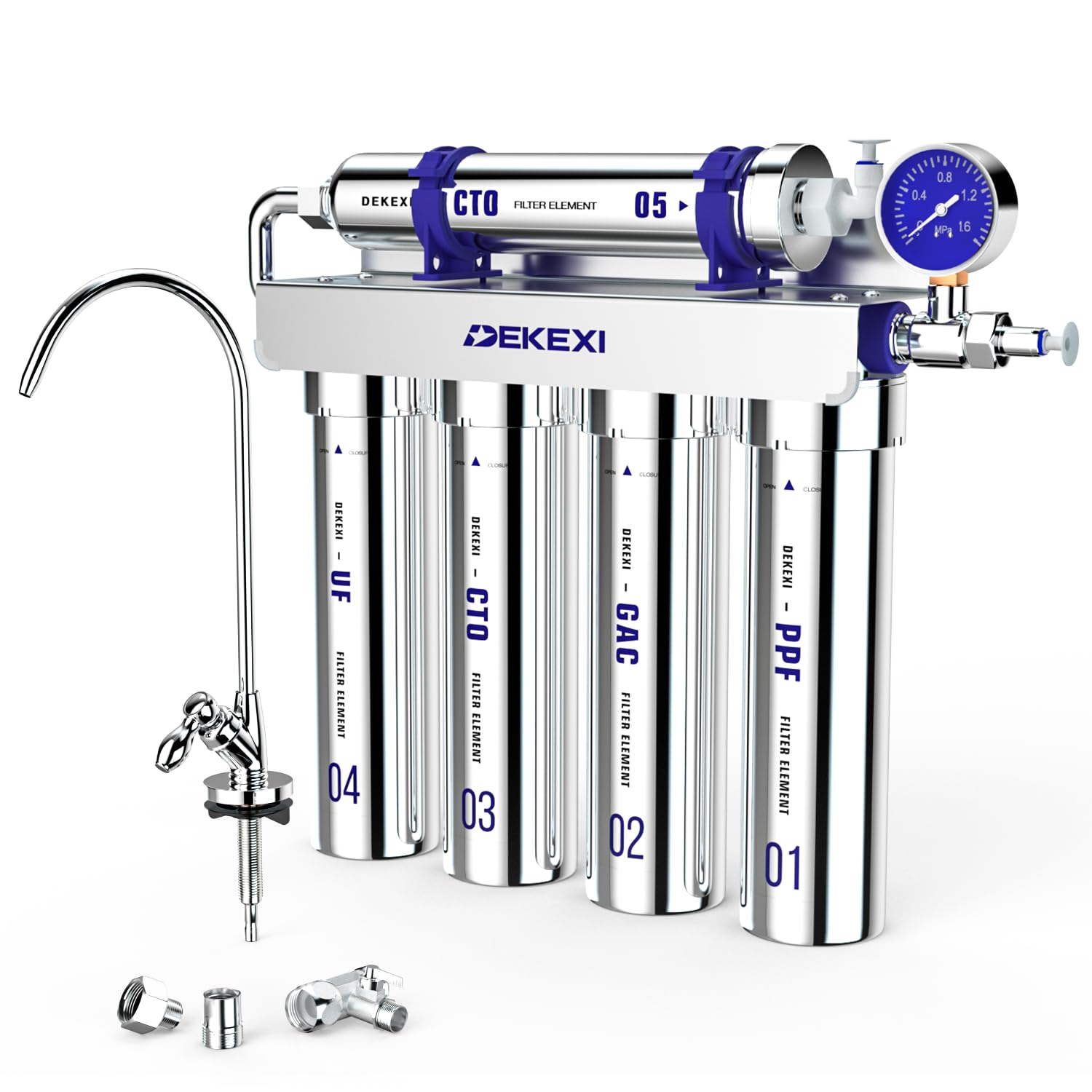0.01μm Ultra-Filtration Under Sink Water Filter with Faucet, Stainless Steel, 5X Service Life,Remove 99.99% of Contąminants Larger Than 0.01μm,2 Mounting Options (5 Filter Included)