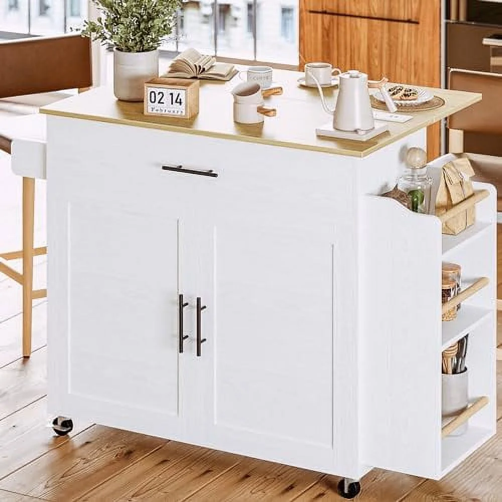 SQCFVGB Kitchen Island with   Rolling Kitchen Island on Wheels with Drop Leaf  3 Open Spice Rack   Door Cabinet  Drawer  Kitchen Cart Island Table for Kitchen  White - Curated Treasures Market