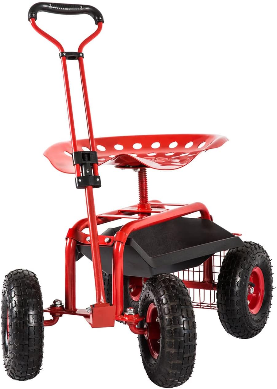 Kinsunny Garden Cart Rolling Adjustable Degree Swivel Seat Lawn Yard Patio Wagon Scooter for Planting, Adjustable Handle 360 Degree Swivel Seat Red