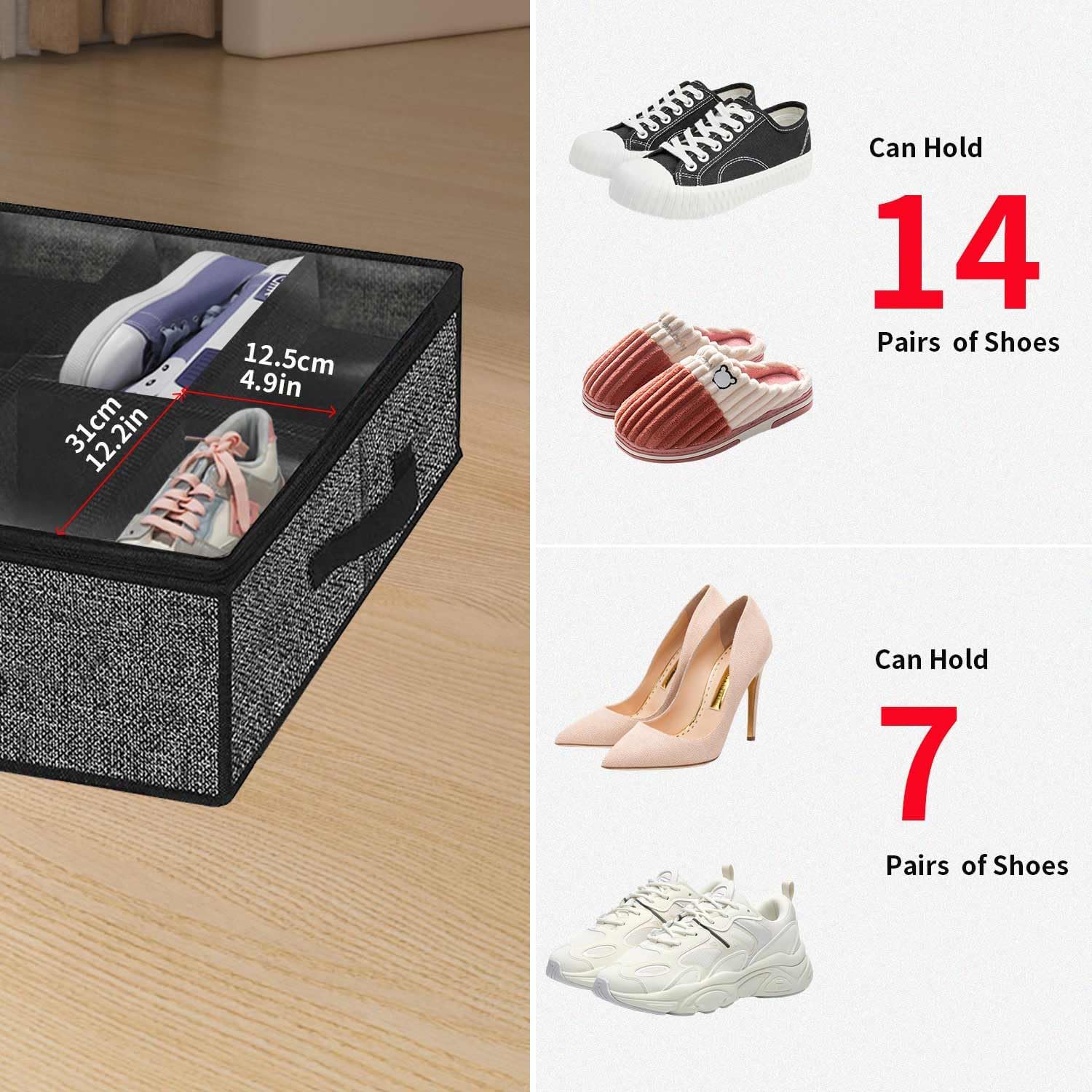 Under Bed Shoe Storage Organizer with Sturdy Handles and Clear Window  Premium Foldable Underbed Shoes Container Box for Closet, Linen-like Black