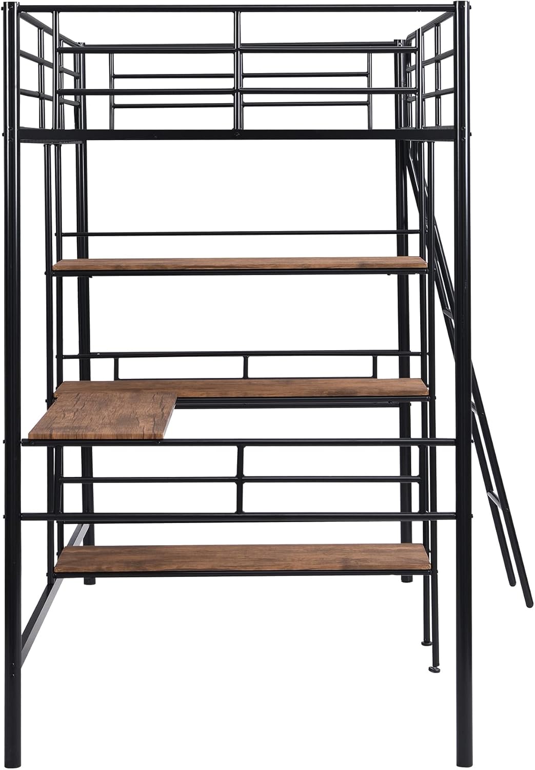 Twin Size Loft Bed with Built-in Desk and Shelves, Metal High LoftBed Frame w/Large Storage Space for Bedroom Guest Room Dorm, Black