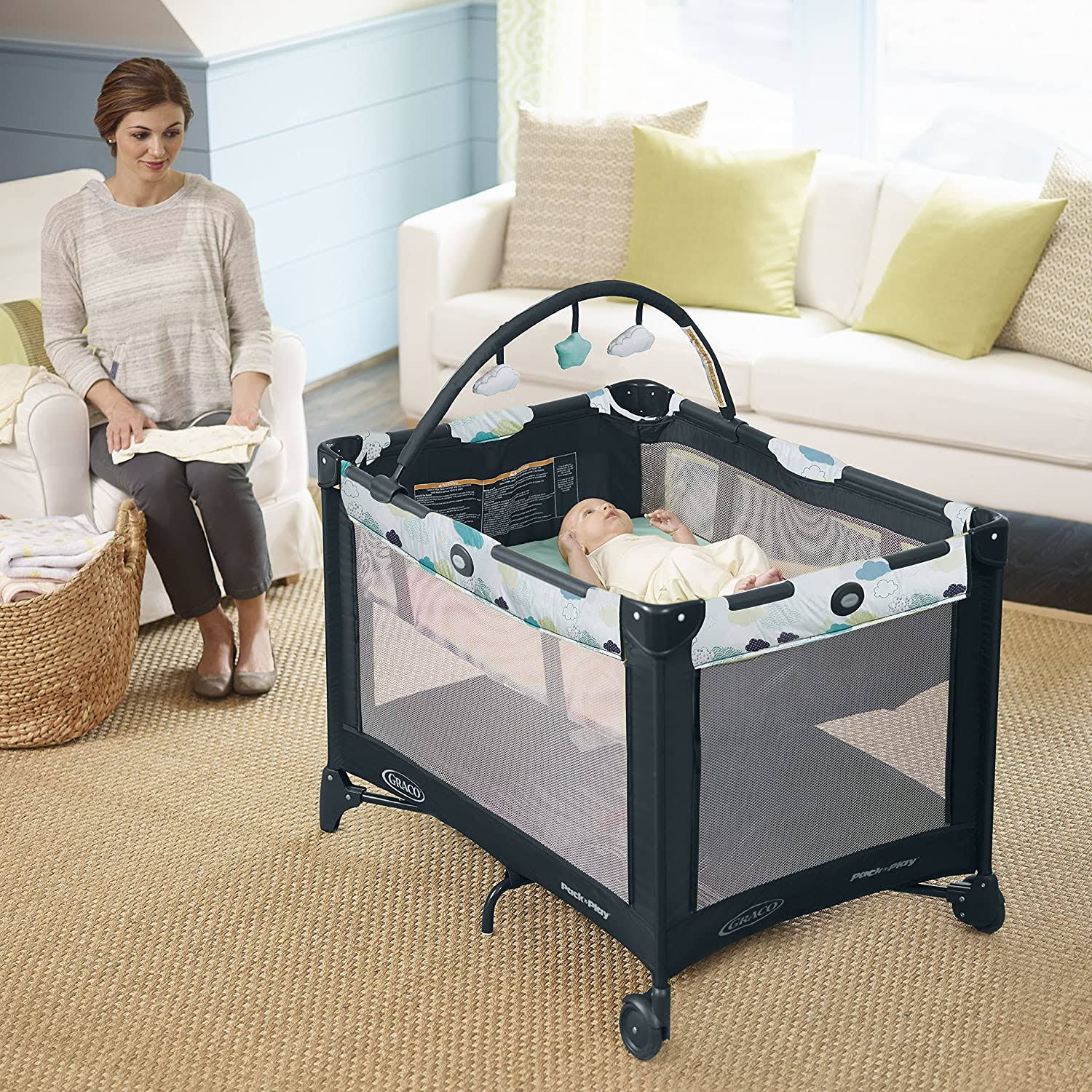 Graco Pack and Play on The Go Playard | Includes Full-Size Infant Bassinet, Push Button Compact Fold, Stratus