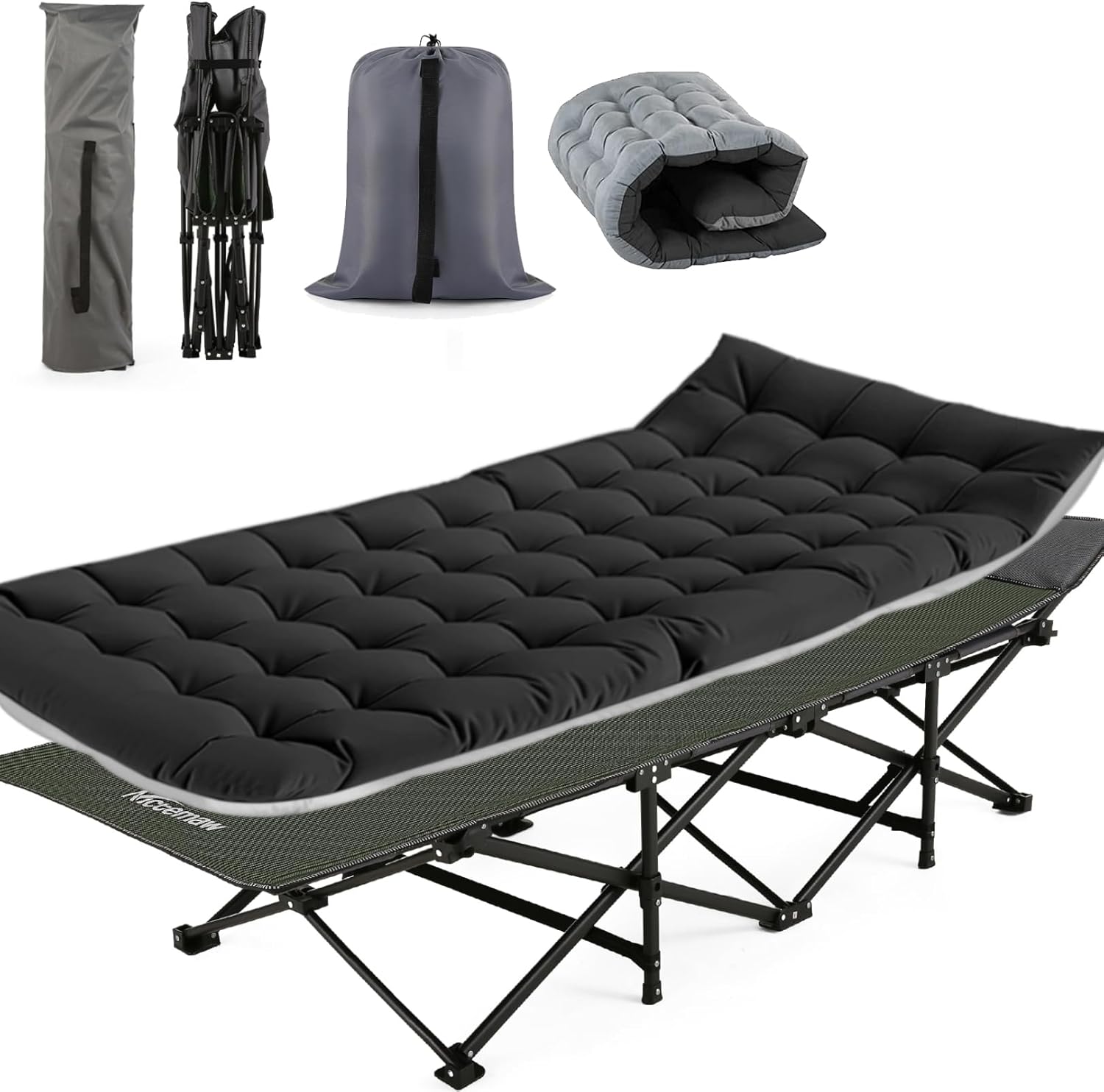 Nictemaw Folding Camping Cot, Portable Camping Cot for Adults, 900LBS Heavy Duty Sleeping Cots with Carry Bag, Double Layer Oxford Portable Travel Camp Cots for Home Office Outdoor(Green Stripes)