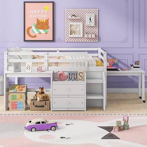 Merax Low Twin with Desk, Wood Loft Bed with 2 Storage Drawers and Lateral Portable Table, No Box Spring Needed, for Boys & Girls (White)