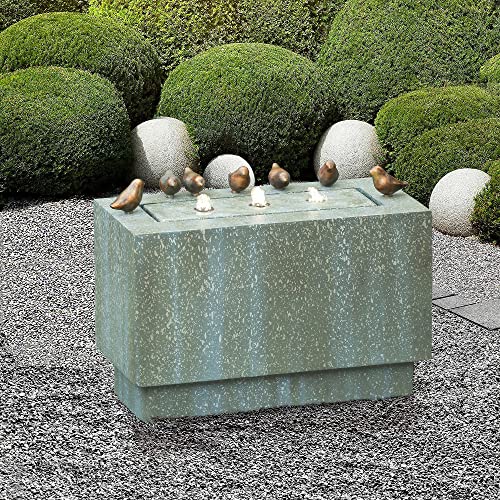 LuxenHome 24" Gray Rectangular and Birds Resin Outdoor Bubbler Fountain with LED Lights Waterfall Fountain Decoration for Garden Back Yard Courtyard Patio